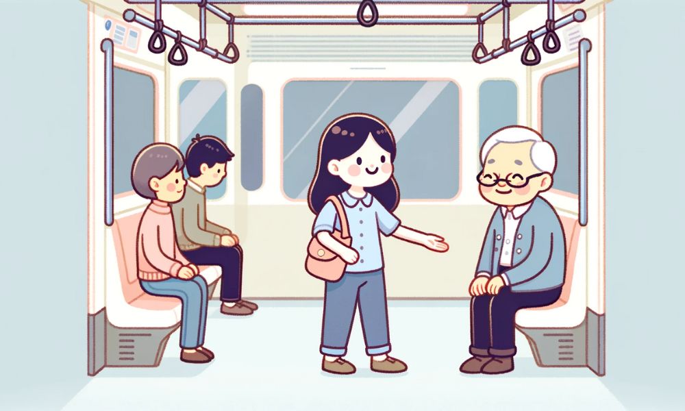 電車で席を譲る女性